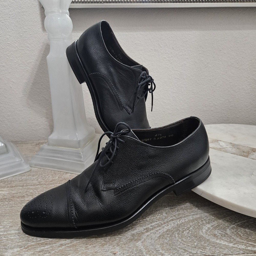 CANALI Made in Italy Leather Wing Cap Toe Derby Shoe in Black Size 42.5 US 9.5